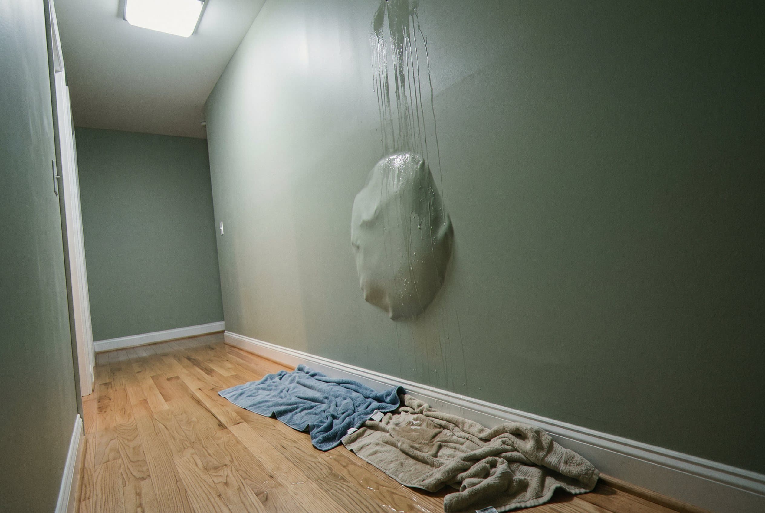 Water damage marks from burst pipe
