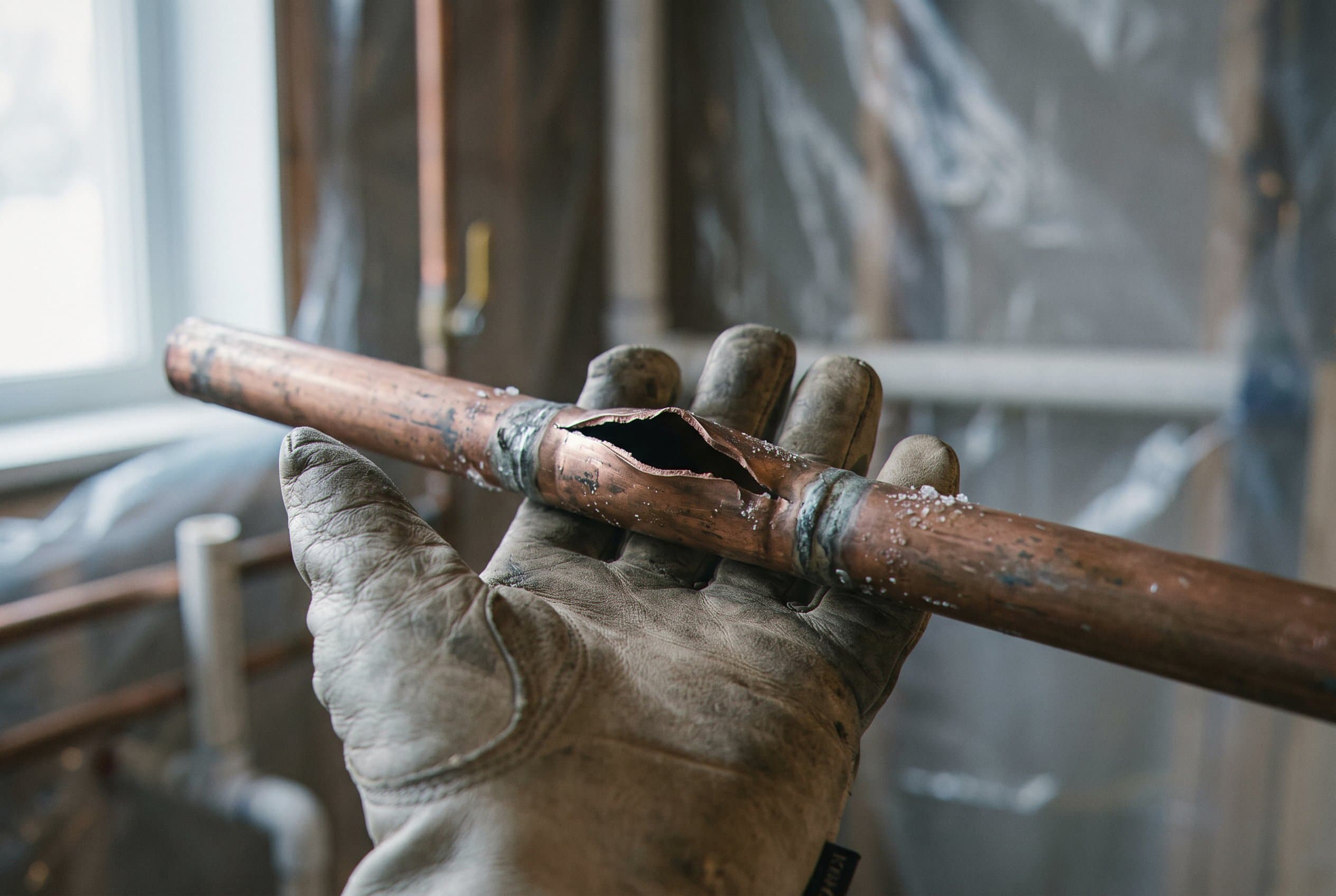 Close-up of ruptured pipe location