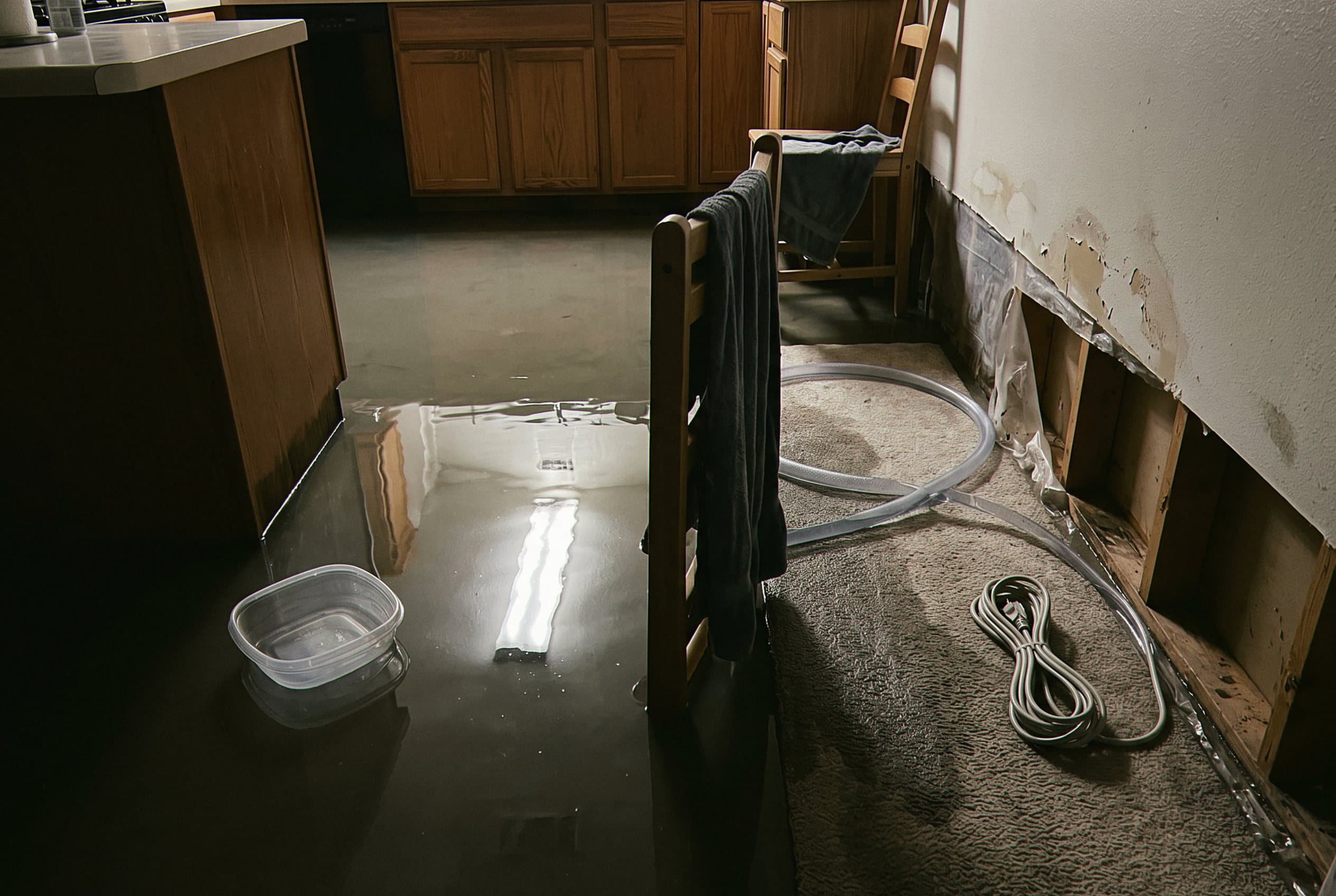 Standing water inside flooded basement