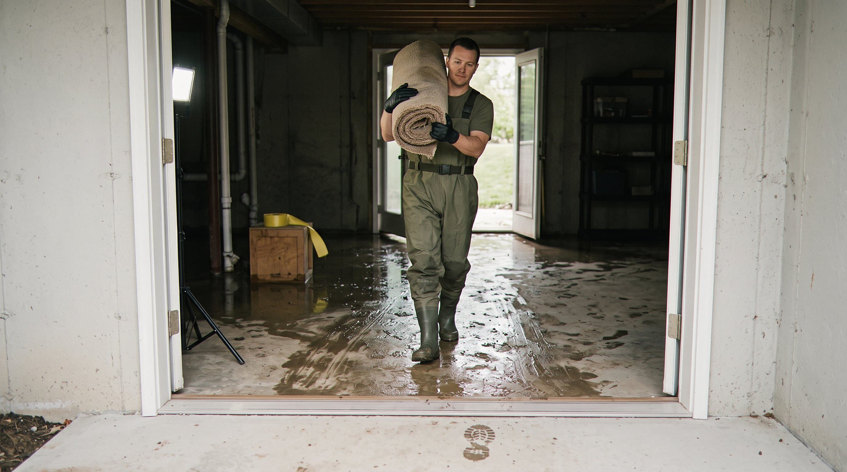 Crew managing flooded basement space