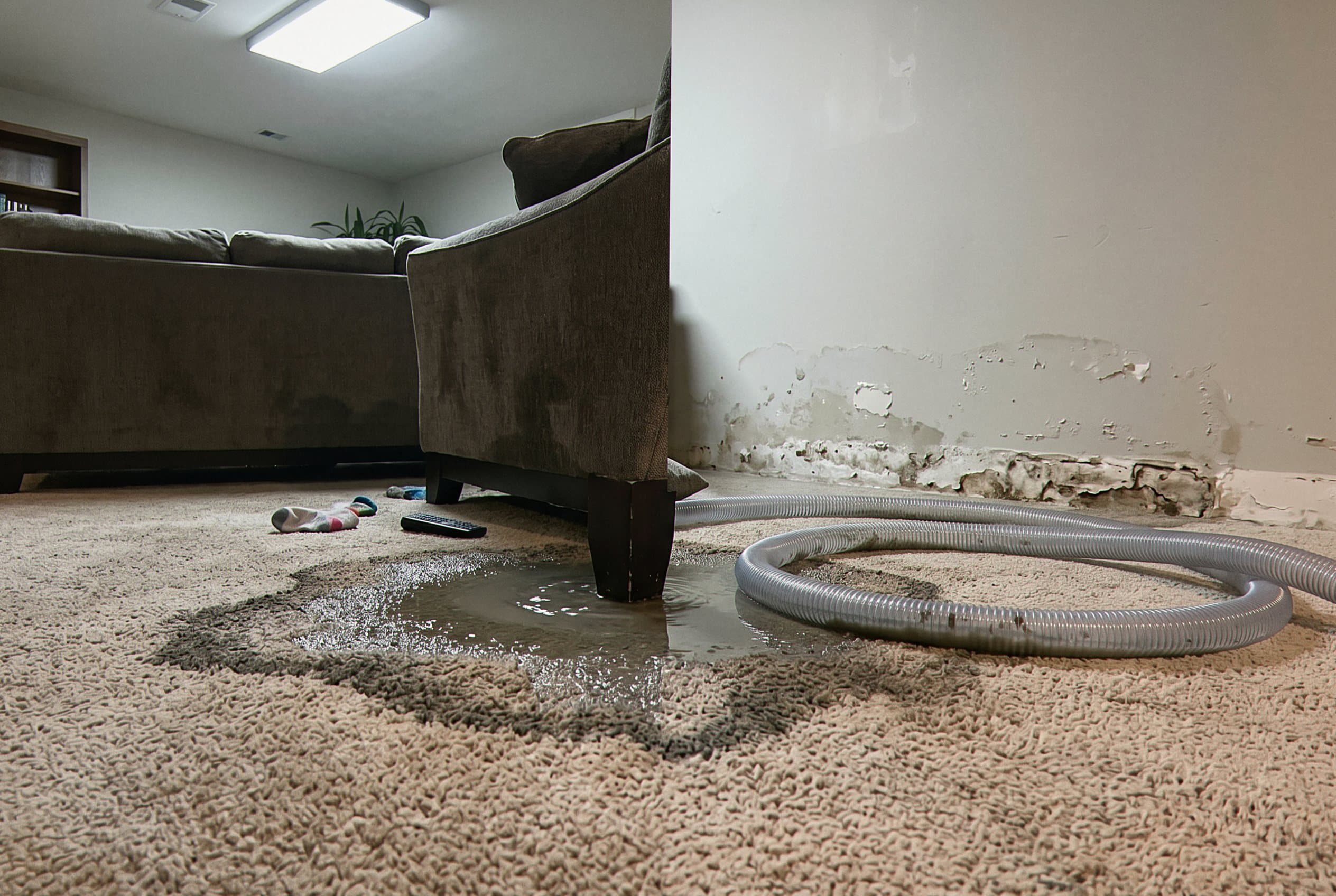 Soaked wet carpet and padding